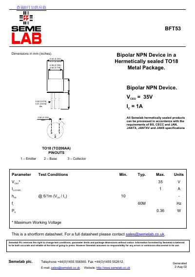 Semelab BFT53 Bipolar NPN Device Datasheet - cover page