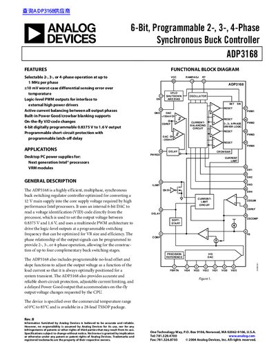 ANALOG DEVICES ADP3168 6-Bit Programmable 2- 3- 4-Phase Synchronous Buck Controller handbook - cover page