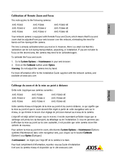 Axis P33 Series Calibration Note - cover page