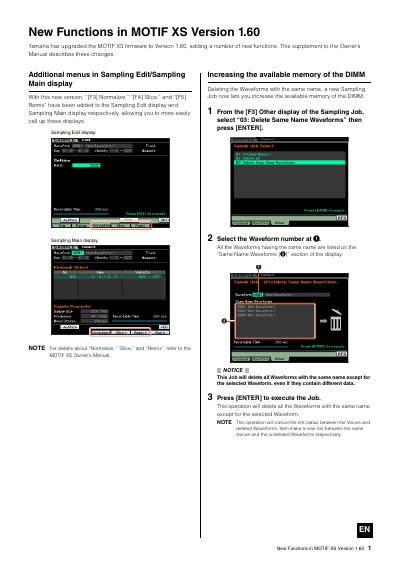 Yamaha MOTIF XS Firmware Version 1.60 Update Supplement - cover page