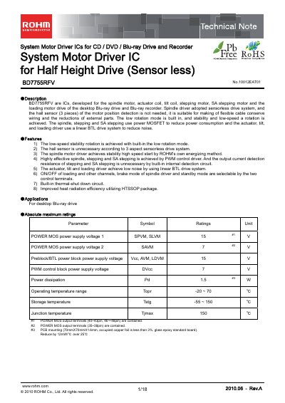 ROHM BD7755RFV Datasheet Technical Note - cover page