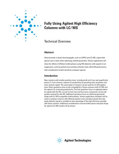 Agilent High Efficiency Columns with LC/MS Technical Overview - cover page