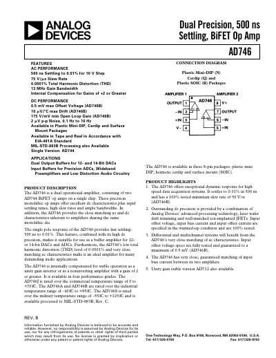Analog Devices AD746 Dual Op Amp Datasheet - cover page