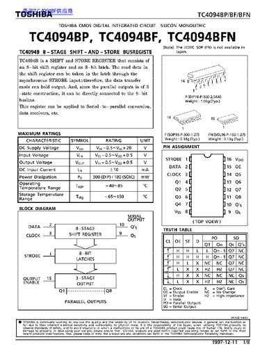 Toshiba TC4094BP/TC4094BF/TC4094BFN Shift-And-Store Bus Register Datasheet - cover page