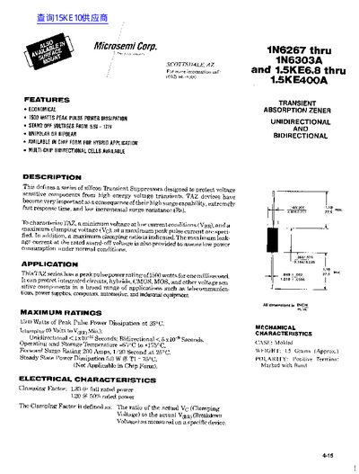 Microsemi 1N6267‑1N6303A and 1.5KE6.8‑1.5KE400A Transient Suppressor Datasheet - cover page