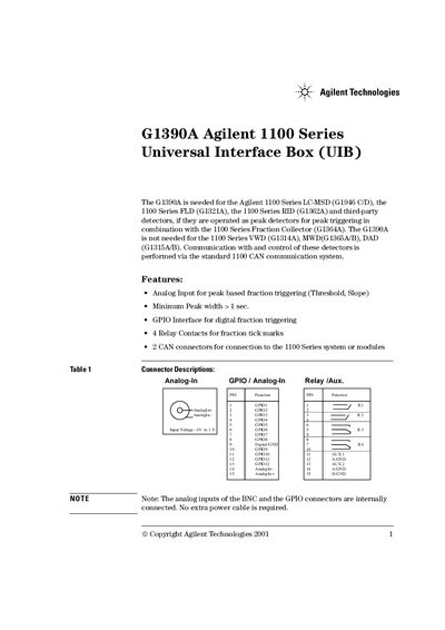Agilent G1390A Agilent 1100 Series Universal Interface Box (UIB) Manual