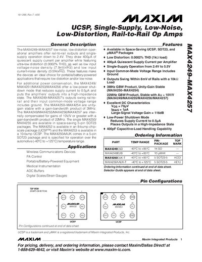 Maxim MAX4249-MAX4257 UCSP Single-Supply Low-Noise Low-Distortion Rail-to-Rail Op Amps Datasheet - cover page