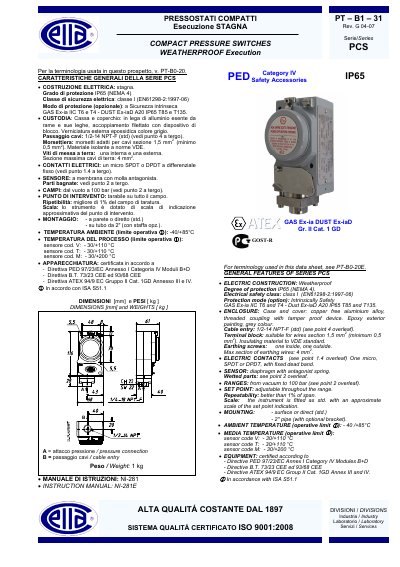 Cella PCS Series Compact Pressure Switches Data Sheet - cover page