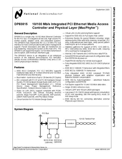 national semiconductor DP83815 10/100 Mb/s Integrated PCI Ethernet Media Access Controller Physical Layer Manual - cover page