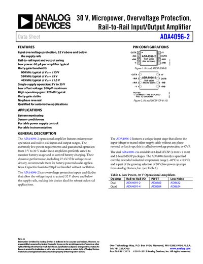 Analog Devices ADA4096-2 Datasheet - cover page