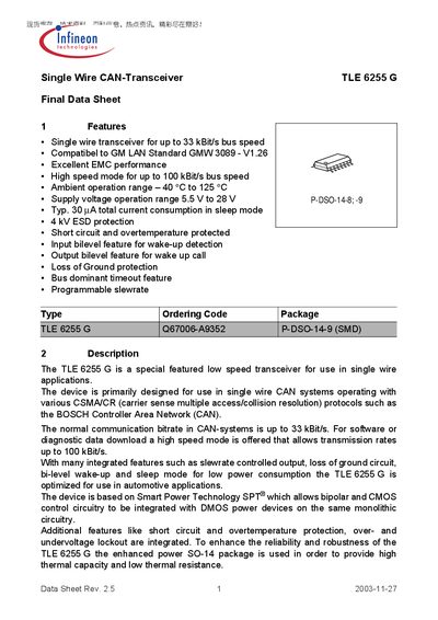 Infineon TLE 6255 G Single Wire CAN Transceiver Final Data Sheet