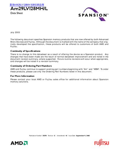 Spansion Am29LV128MH/L 128 Mbit Flash Memory Datasheet - cover page
