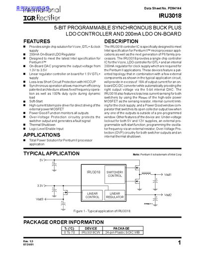 International Rectifier IRU3018 Data Sheet - cover page
