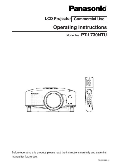 Panasonic PT-L730NTU LCD Projector Operating Instructions - cover page