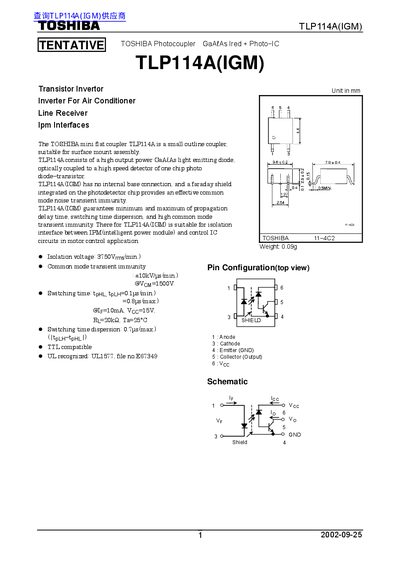 Toshiba TLP114A(IGM) Photocoupler Datasheet - cover page