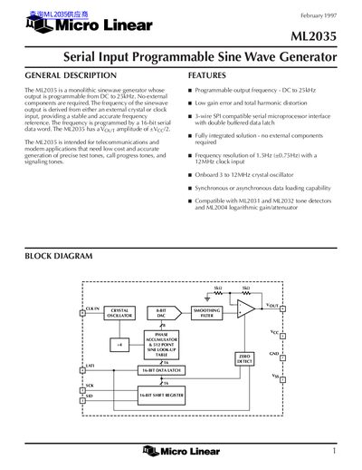 Micro Linear ML2035 Serial Input Programmable Sine Wave Generator Datasheet - cover page