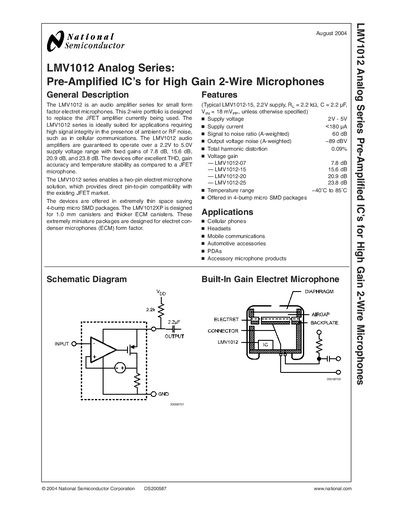 National Semiconductor LMV1012 Audio Amplifier Datasheet - cover page