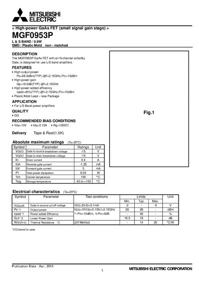 Mitsubishi MGF0953P GaAs FET Datasheet - cover page