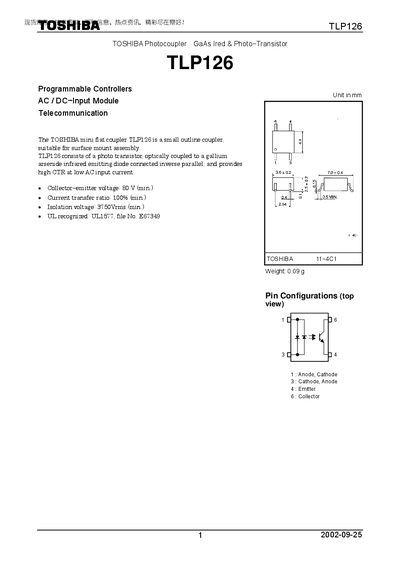 Toshiba TLP126 Photocoupler Datasheet - cover page