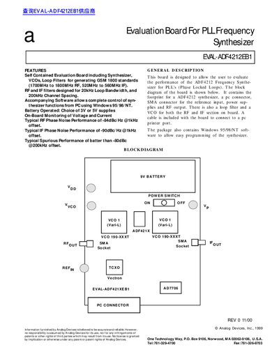 ANALOG DEVICES Evaluation Board For PLL Frequency Synthesizer EVAL-ADF4212EB1 Manual - cover page