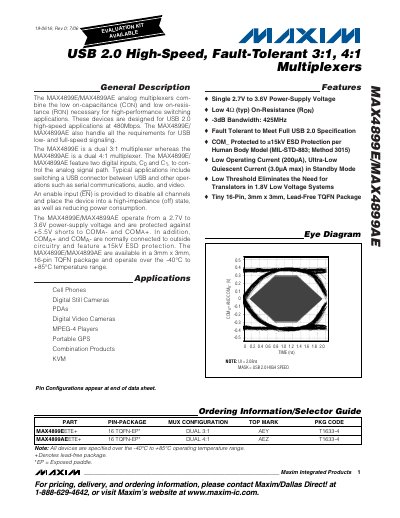 Maxim MAX4899E/MAX4899AE USB 2.0 High-Speed Multiplexer Data Sheet