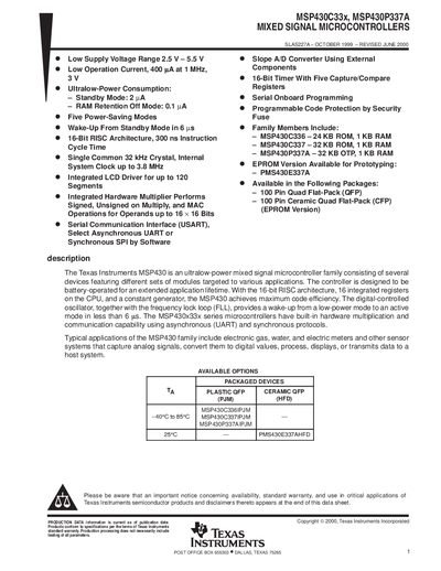 Texas Instruments MSP430C33x/MSP430P337A Mixed Signal Microcontrollers Datasheet - cover page