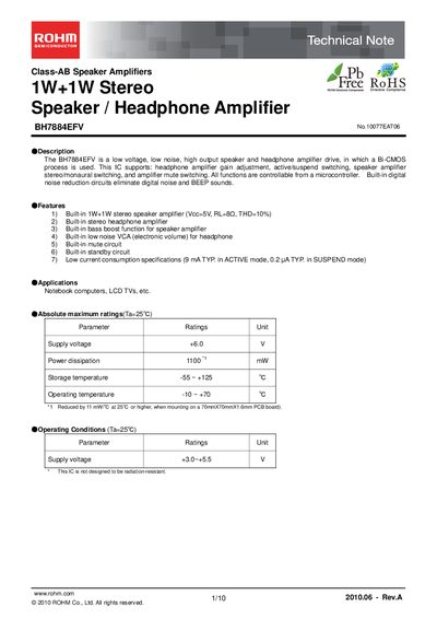 ROHM BH7884EFV Technical Note - cover page