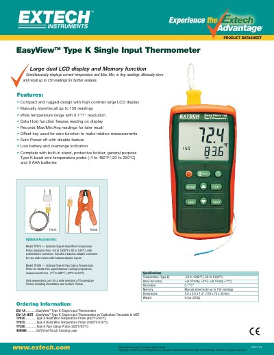 EXTECH EA11A EasyView Type K Single Input Thermometer Product Datasheet - cover page