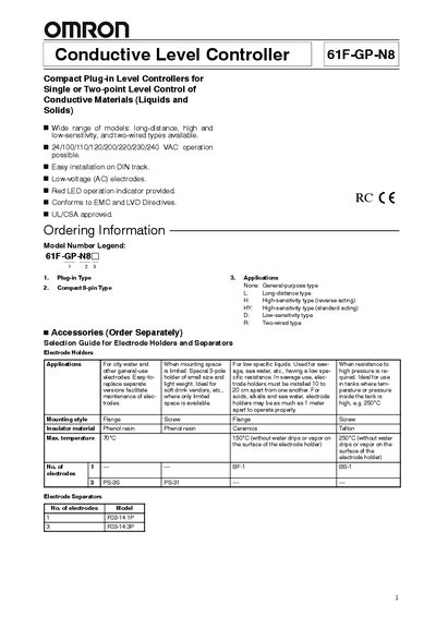 Omron 61F-GP-N8 Conductive Level Controller User Manual - cover page