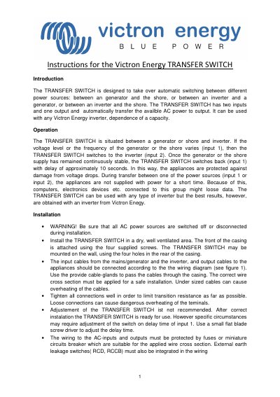Victron Transfer Switch User Manual - cover page