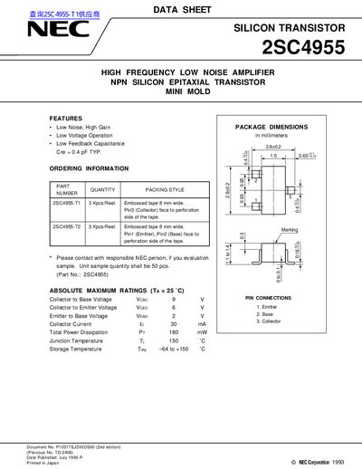 NEC 2SC4955 High Frequency Low Noise Amplifier Datasheet - cover page