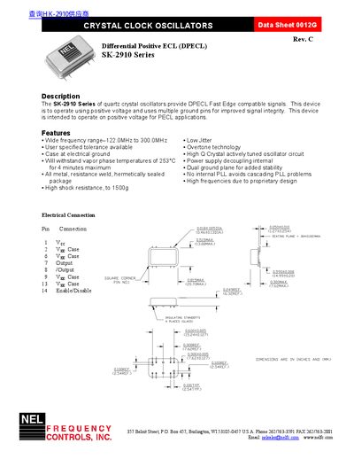 NEL SK-2910 Differential Positive ECL (DPECL) Clock Oscillator Data Sheet - cover page