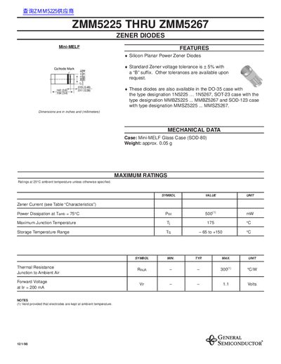General Semiconductor ZMM5225 THRU ZMM5267 Zener Datasheet - cover page