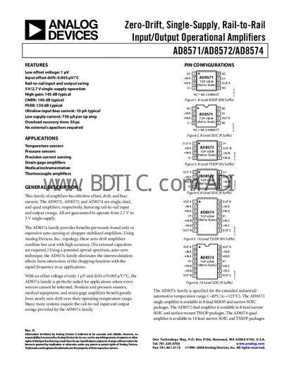 Analog Devices AD8572 Operational Amplifier Datasheet - cover page