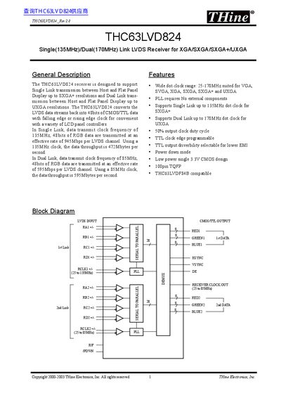 THine THC63LVD824 Single/Dual Link LVDS Receiver Datasheet - cover page