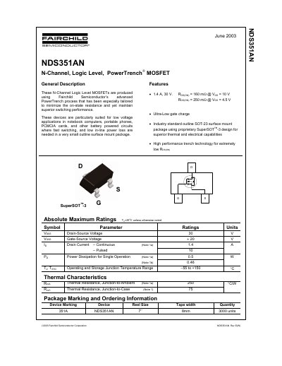Fairchild NDS351AN MOSFET Datasheet - cover page