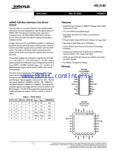 Intersil HS-3182 ARINC 429 Bus Interface Line Driver Datasheet - cover page