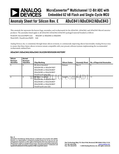 Analog Devices ADuC841/ADuC842/ADuC843 Anomaly Sheet - cover page
