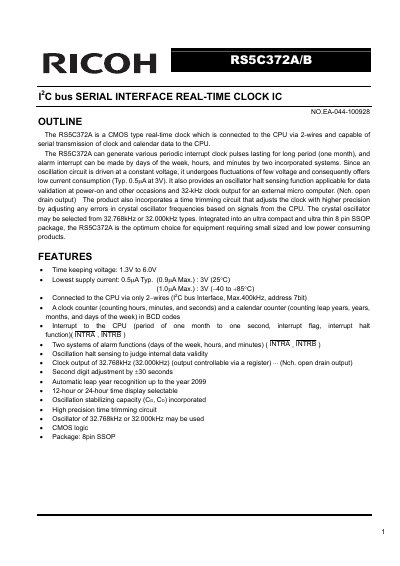 Ricoh RS5C372A/B I2C Serial Interface Real-Time Clock IC Datasheet - cover page