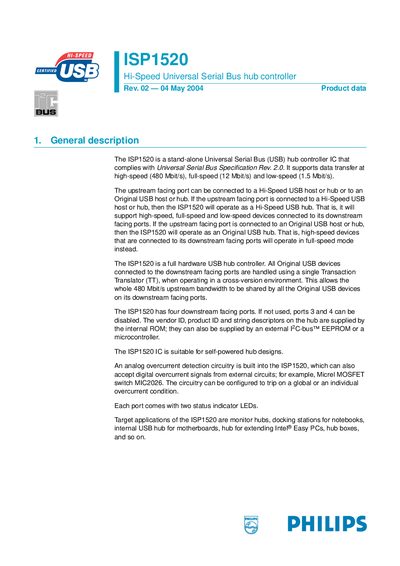 Philips ISP1520 Hi-Speed USB Hub Controller Datasheet - cover page