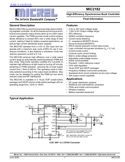 Micrel MIC2182 High-Efficiency Synchronous Buck Controller Datasheet - cover page