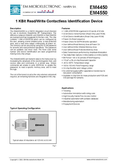 EM MICROELECTRONIC EM4450 EM4550 1 KBit Read/Write Contactless Identification Device - cover page