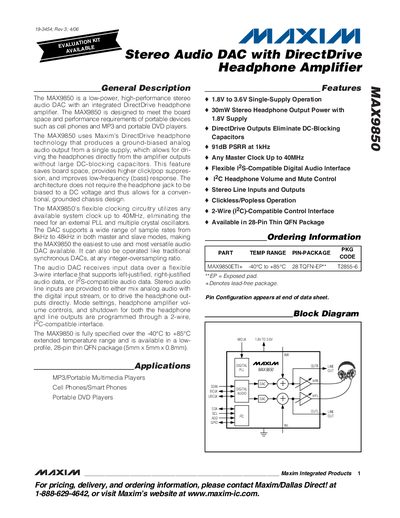Maxim MAX9850 Stereo Audio DAC with DirectDrive Headphone Amplifier Datasheet