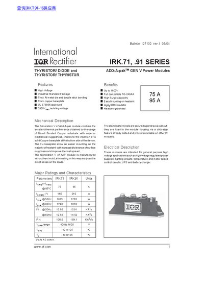 International Rectifier IRK.71 / IRK.91 Series Datasheet - cover page