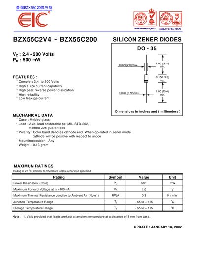 EIC BZX55C2V4 ~ BZX55C200 SILICON ZENER DIODES handbook - cover page
