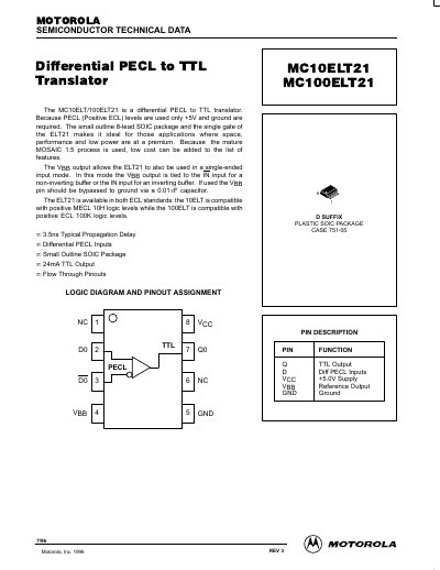 Motorola MC10ELT21/MC100ELT21 Differential PECL to TTL Translator Datasheet - cover page