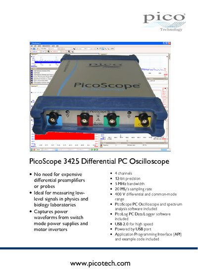 Pico Technology PicoScope 3425 Differential PC Oscilloscope Datasheet - cover page