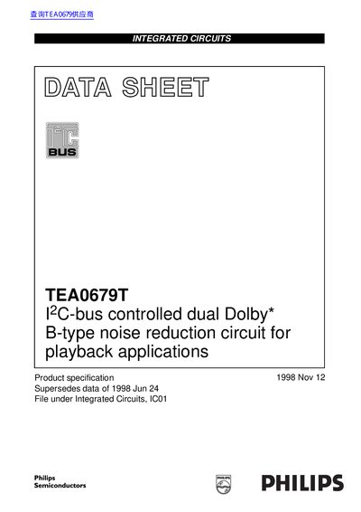 Philips TEA0679T I2C-bus Controlled Dual Dolby B-type Noise Reduction Circuit Datasheet - cover page