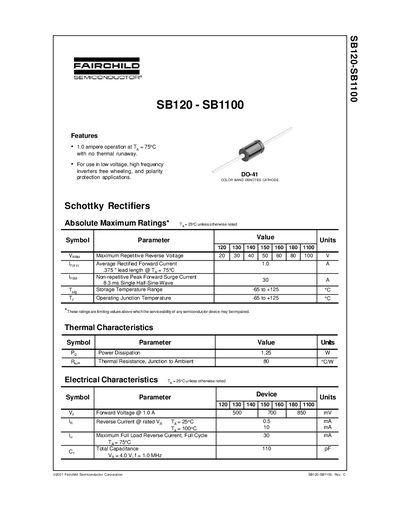 Fairchild SB120 - SB1100 Schottky Rectifier Datasheet - cover page