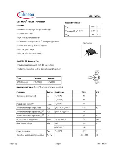 Infineon SPB17N80C3 Power Transistor Datasheet